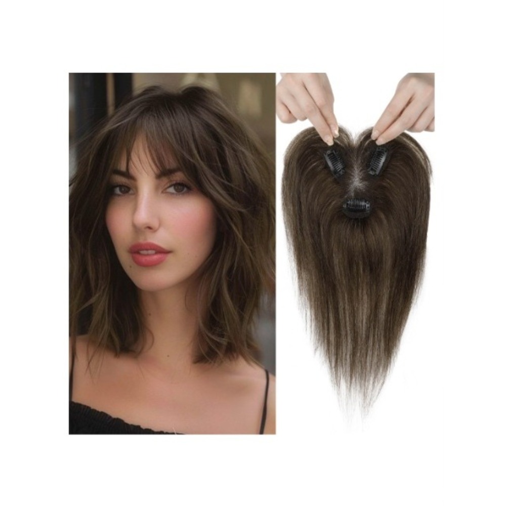 10" Real Human Hair Topper Chocolate Brown Clip-in Lightweight Hairpiece Natural